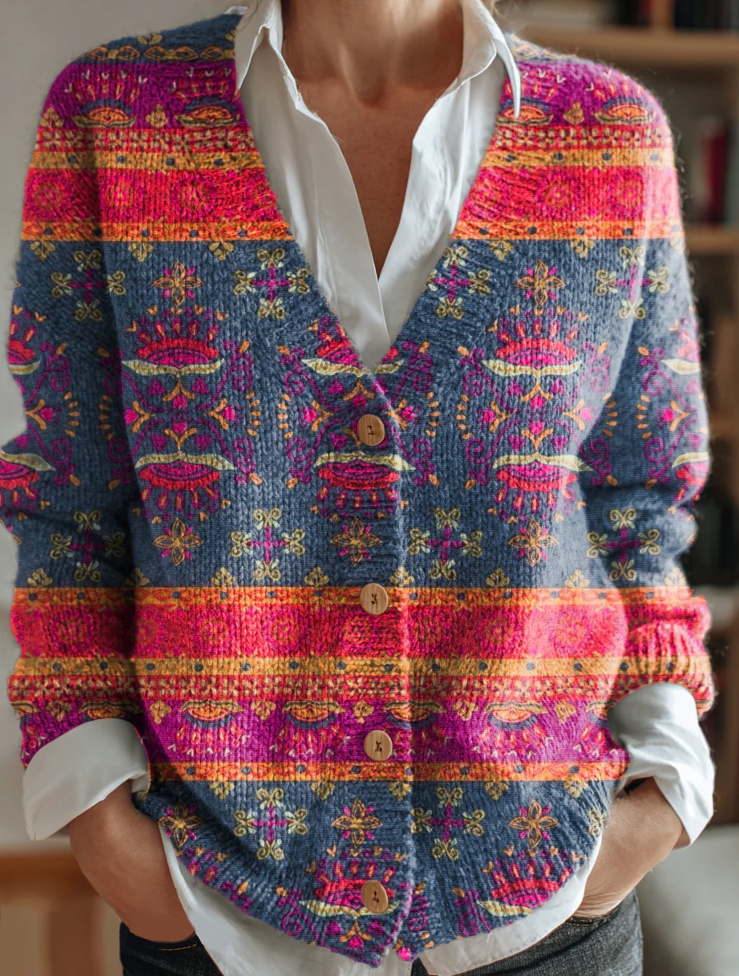 Women's Boho Floral Collage Art Pattern Print Buttoned V-neck Cardigan Sweater