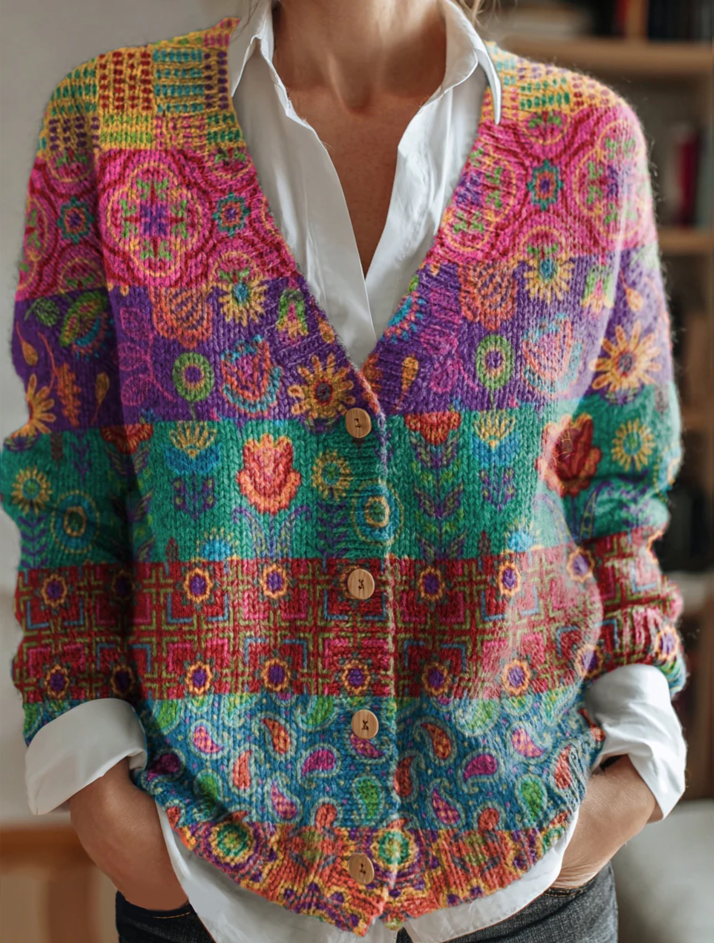 Women's Vintage Floral Collage Art Pattern Print Buttoned V-neck Cardigan Sweater