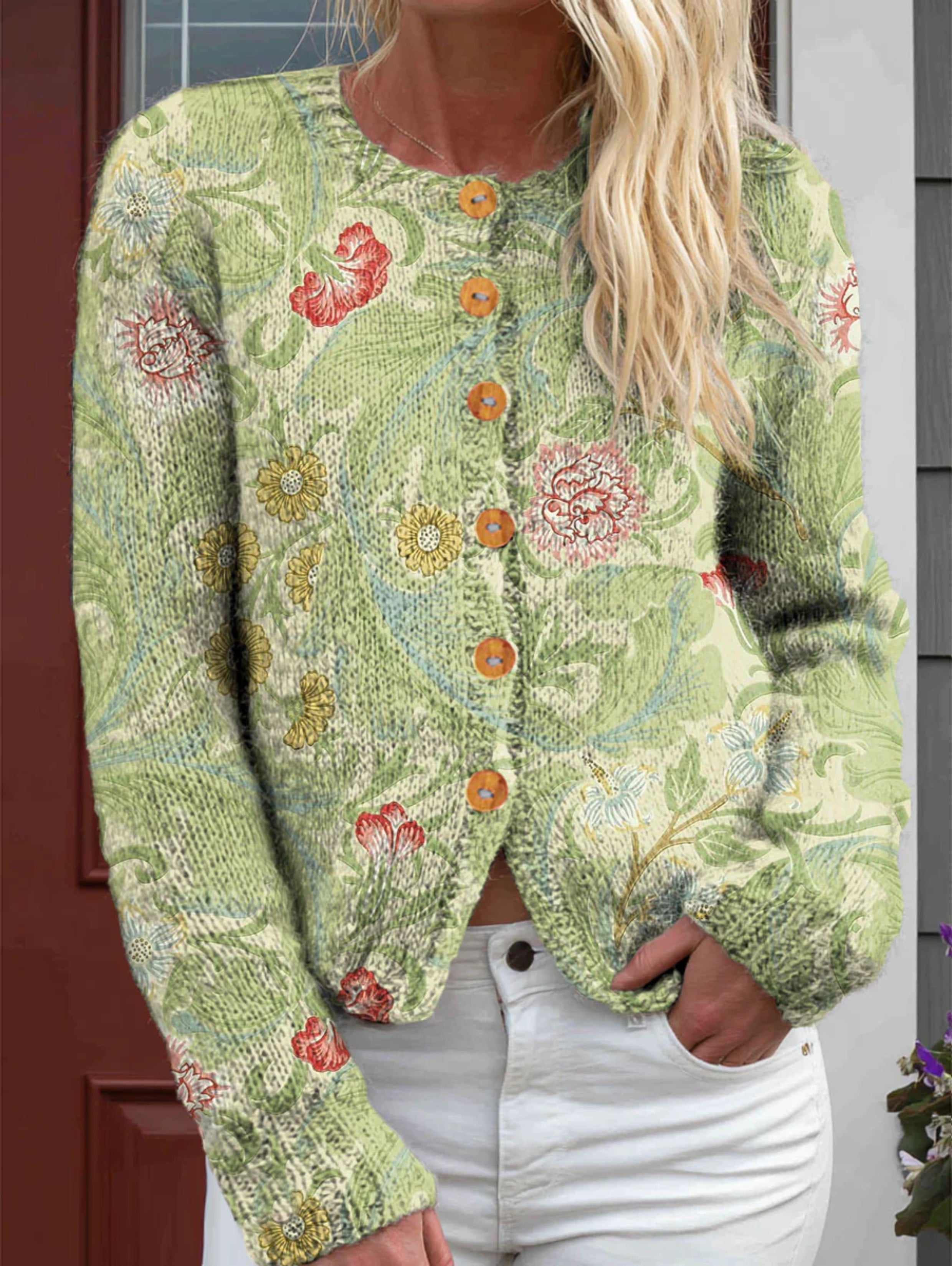 Women's Vintage Ethnic Flowers Print Buttoned Cardigan Sweater