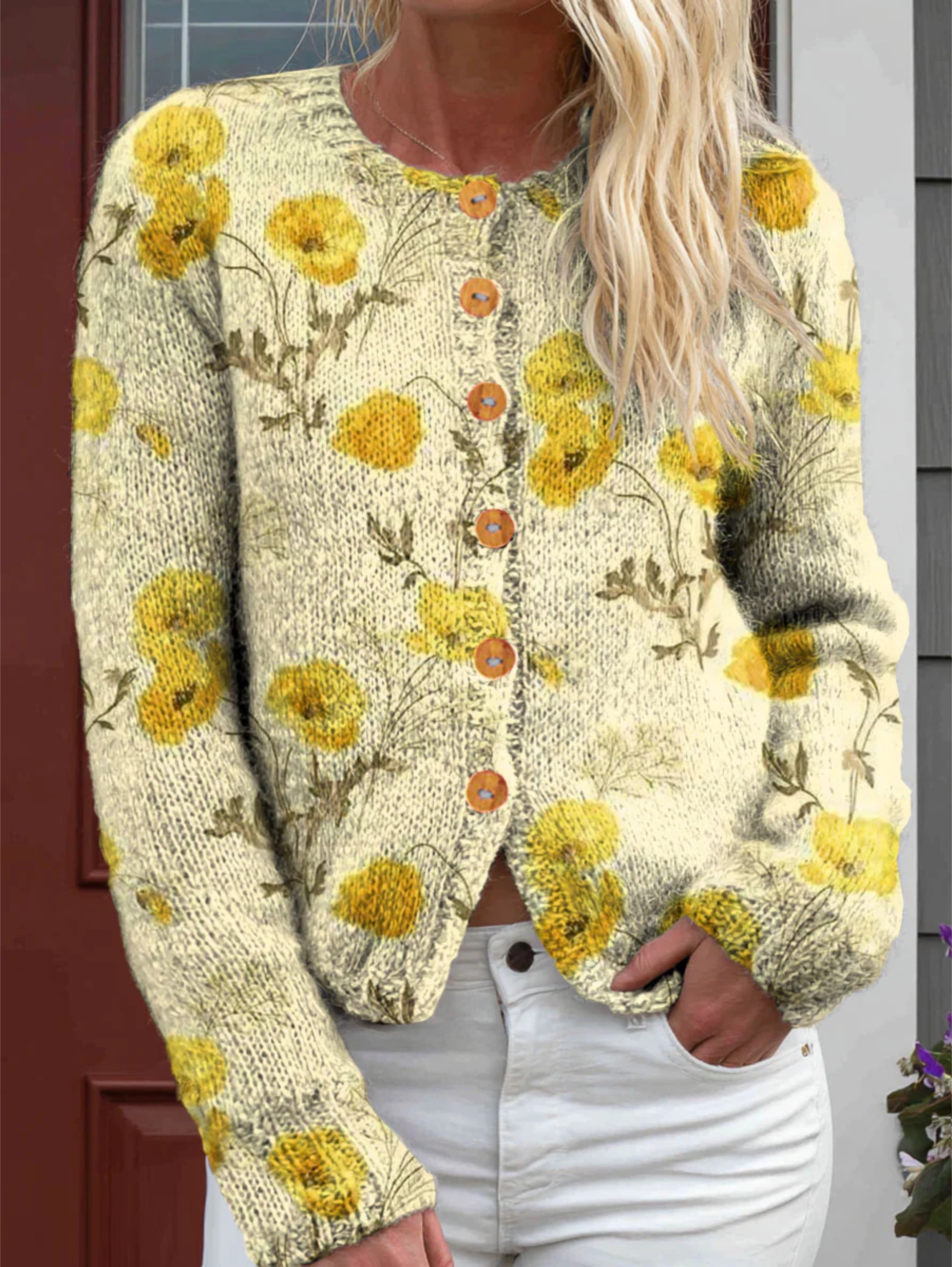Women's Vintage Ethnic Yellow Flowers Print Buttoned Cardigan Sweater