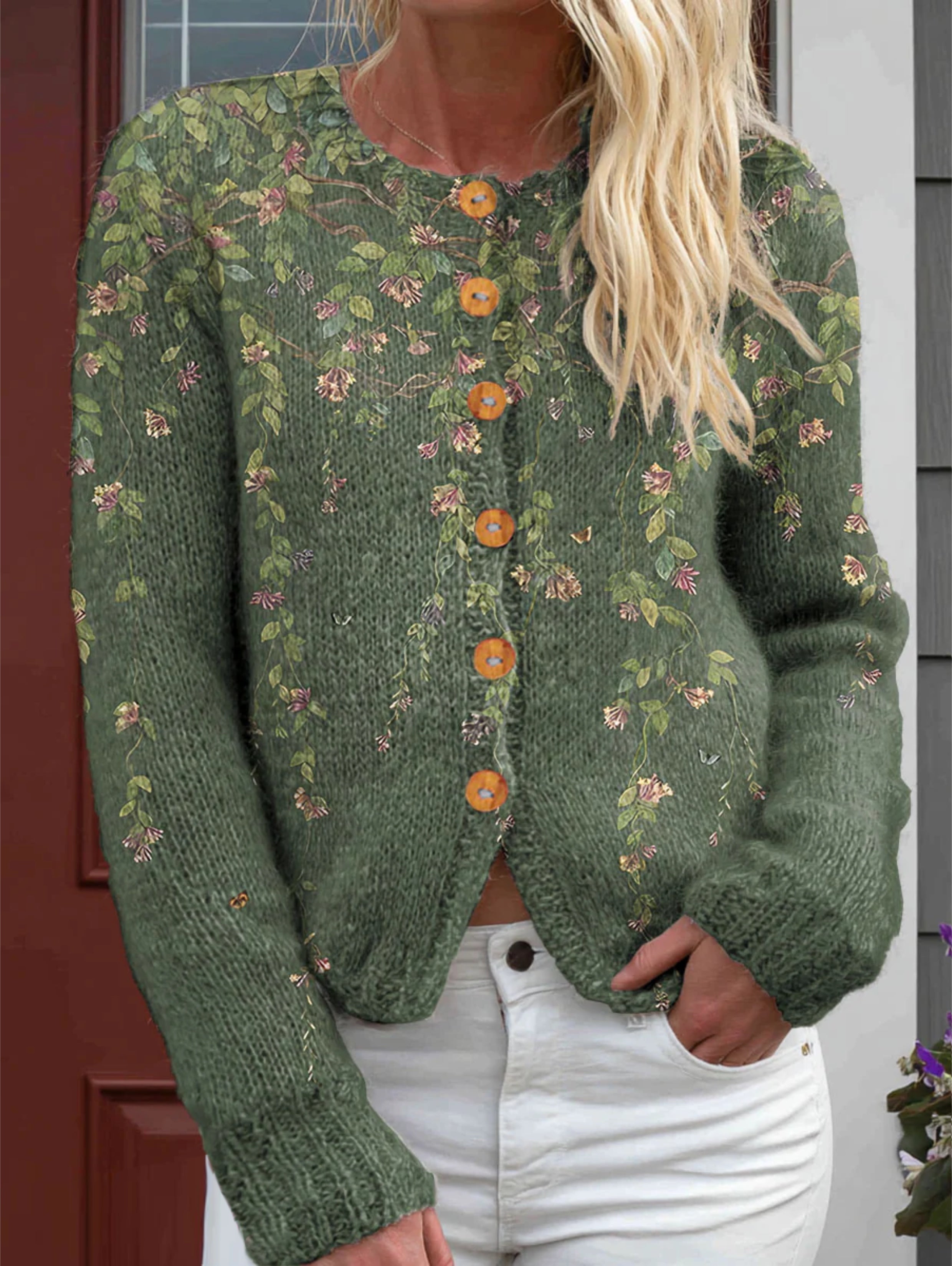 Vintage Ethnic Style Flowers Green Women's Art Print Buttoned Cardigan Sweater
