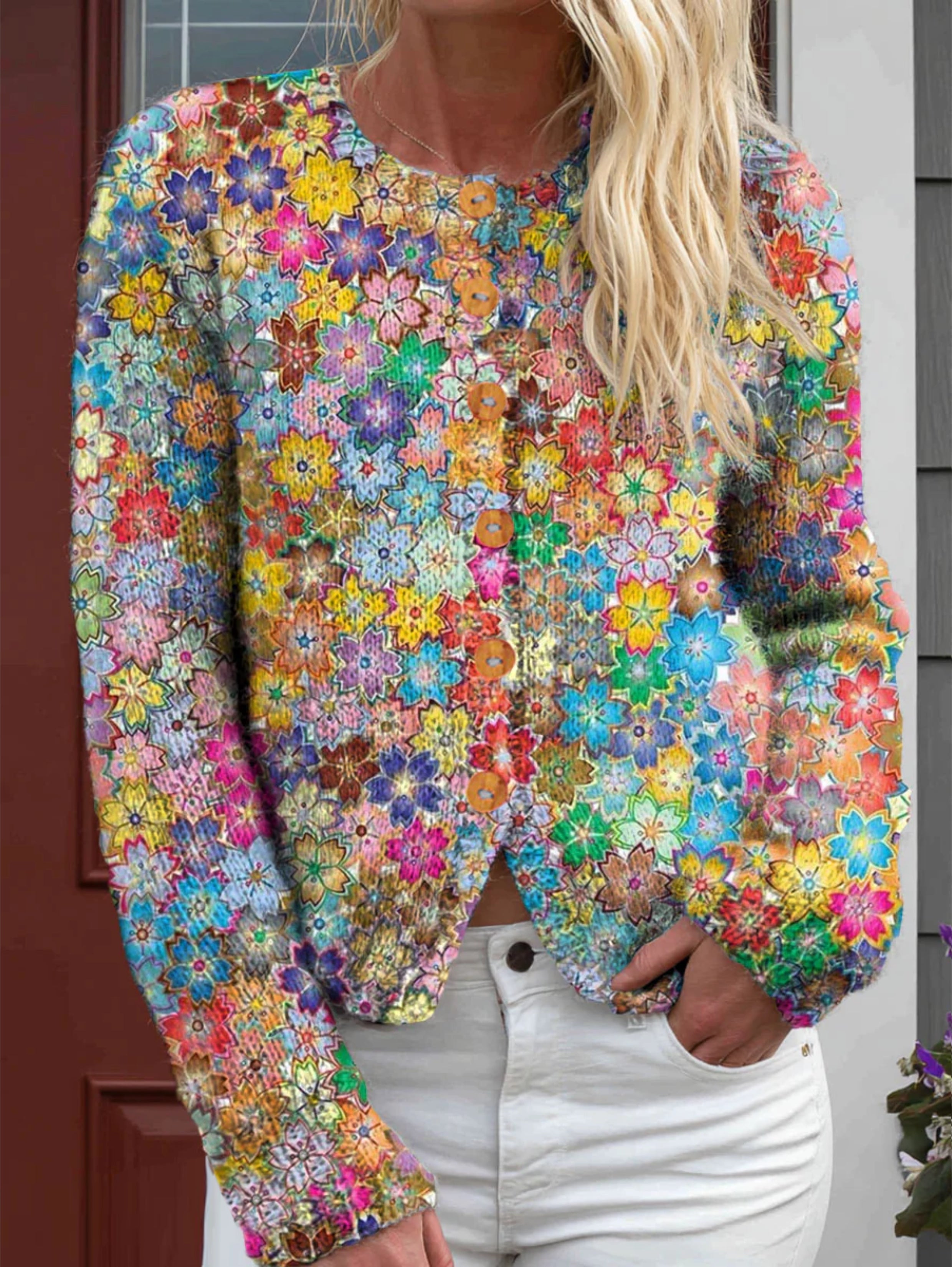 Women's Colorful Flowers Art Print Buttoned Cardigan Sweater