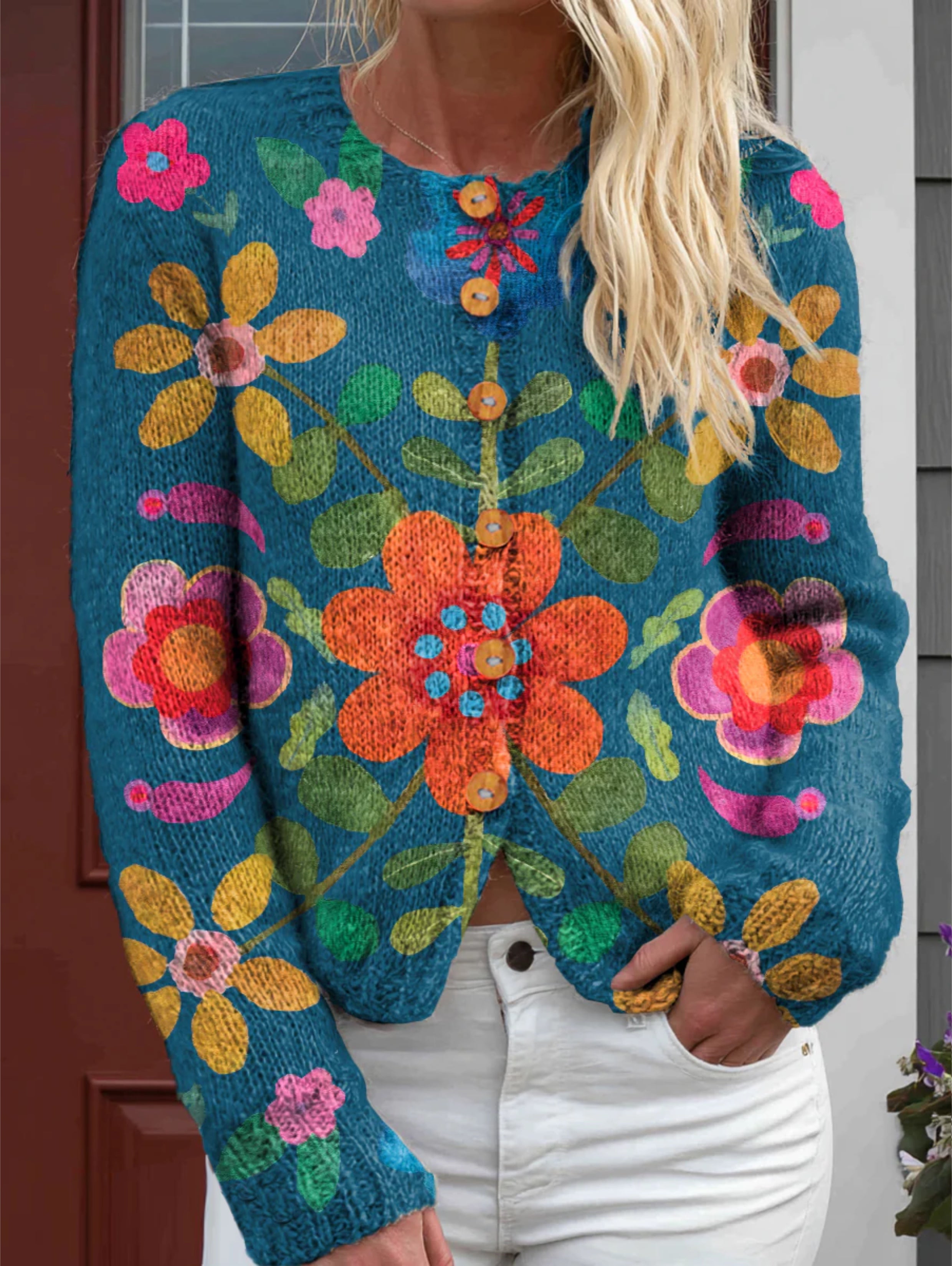 Women's Bohemian Floral Art Print Buttoned Cardigan Sweater