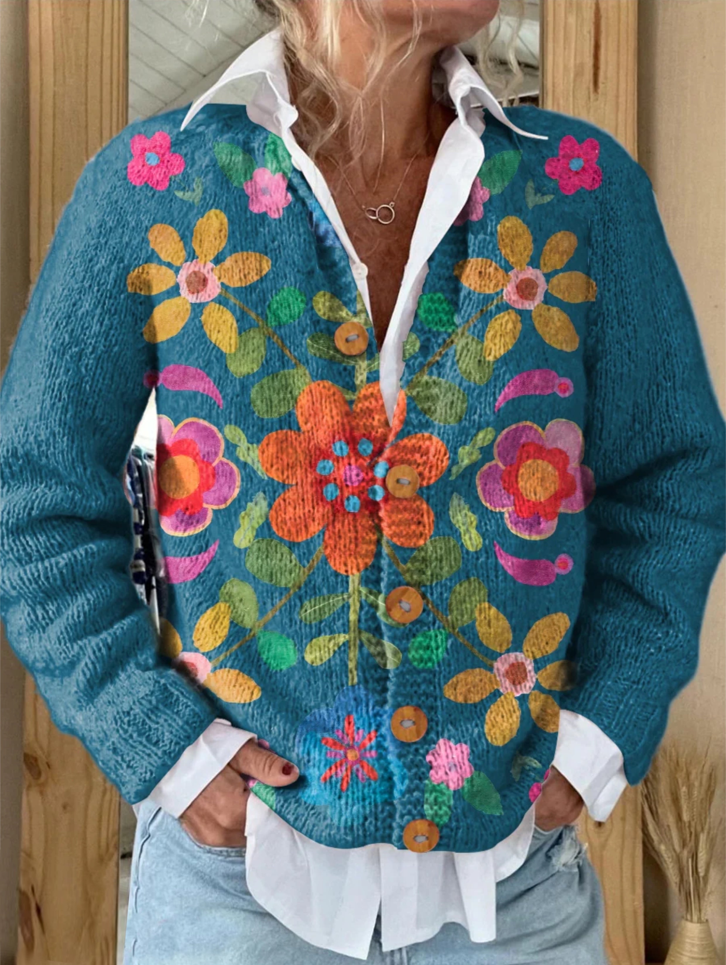 Women's Bohemian Flower Art Print Buttoned Cardigan Sweater