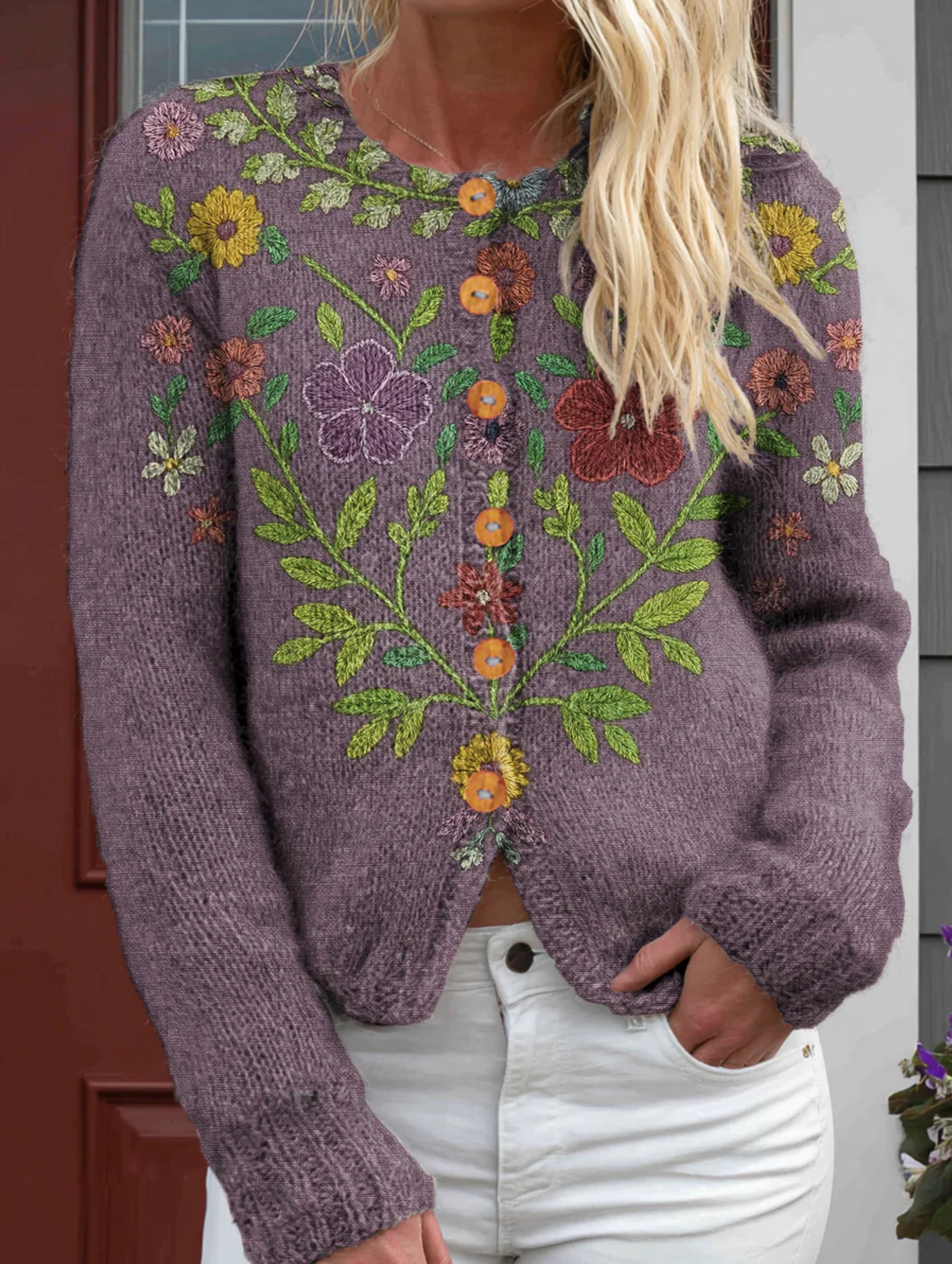 Vintage Ethnic Floral Art Print Buttoned Cardigan Sweater