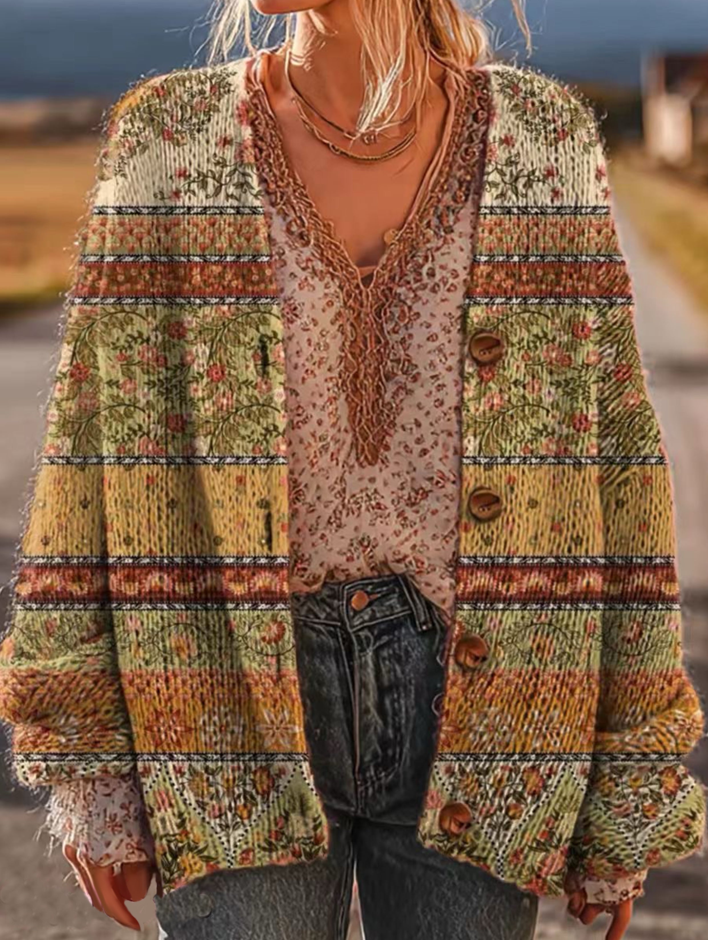 Women's Vintage Floral Pattern Art Print Casual Knit Cardigan