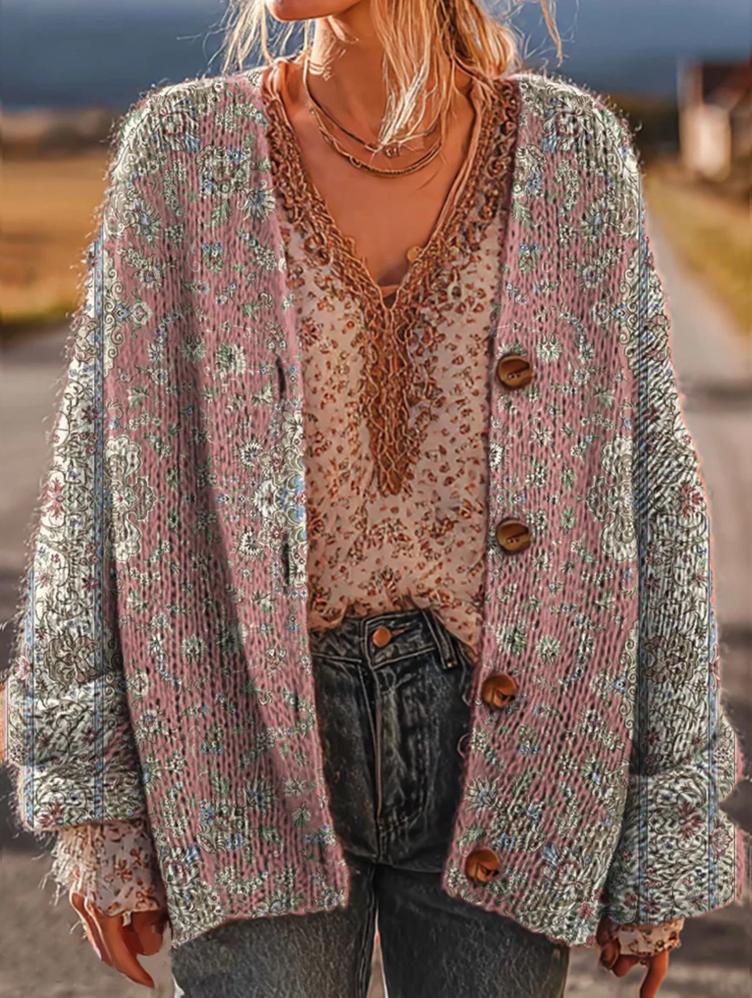 Women's Vintage Ethnic Pattern Art Print Casual Knit Cardigan