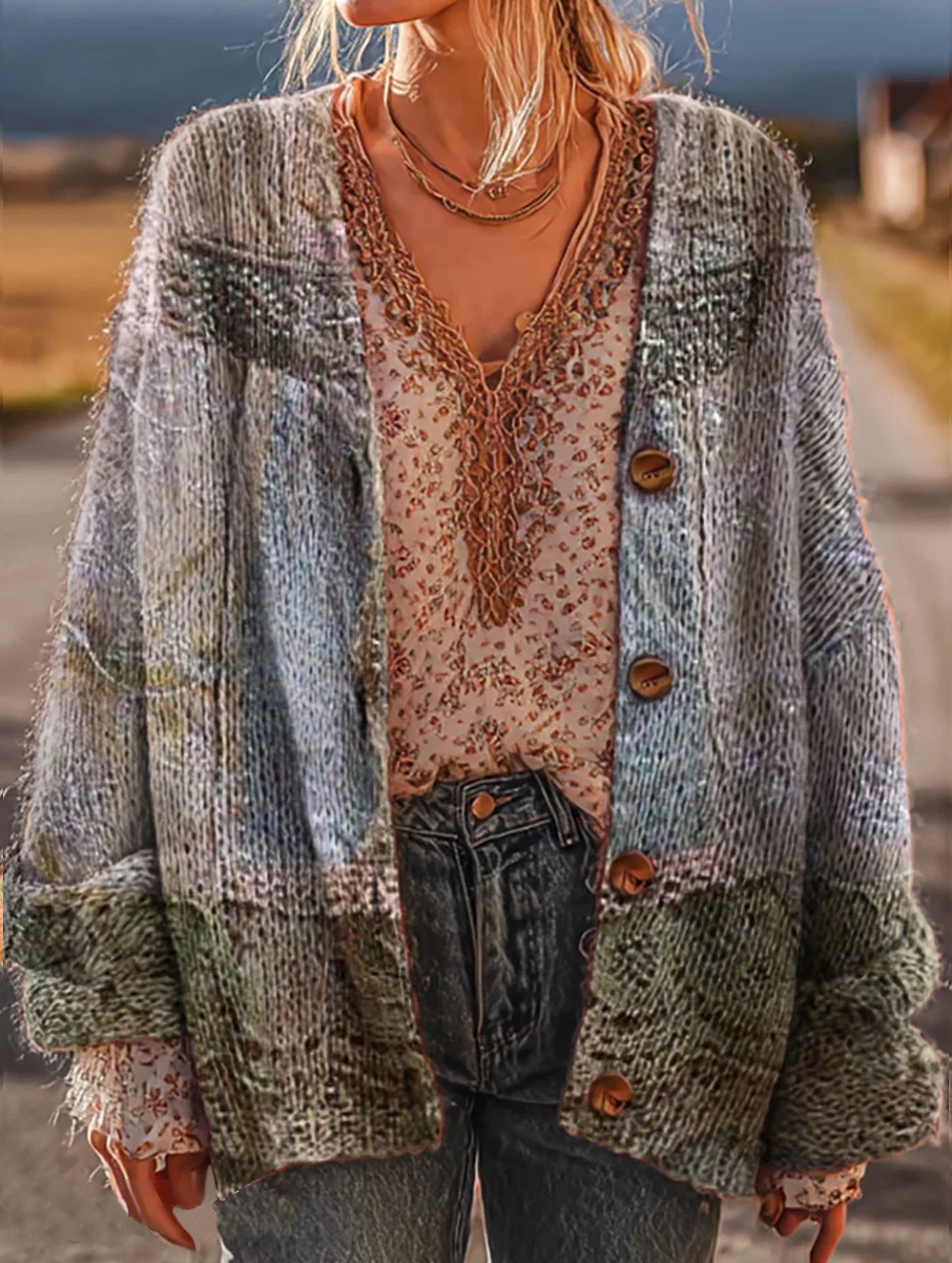 Women's Vintage Ethnic Pattern Art Print Casual Knit Cardigan