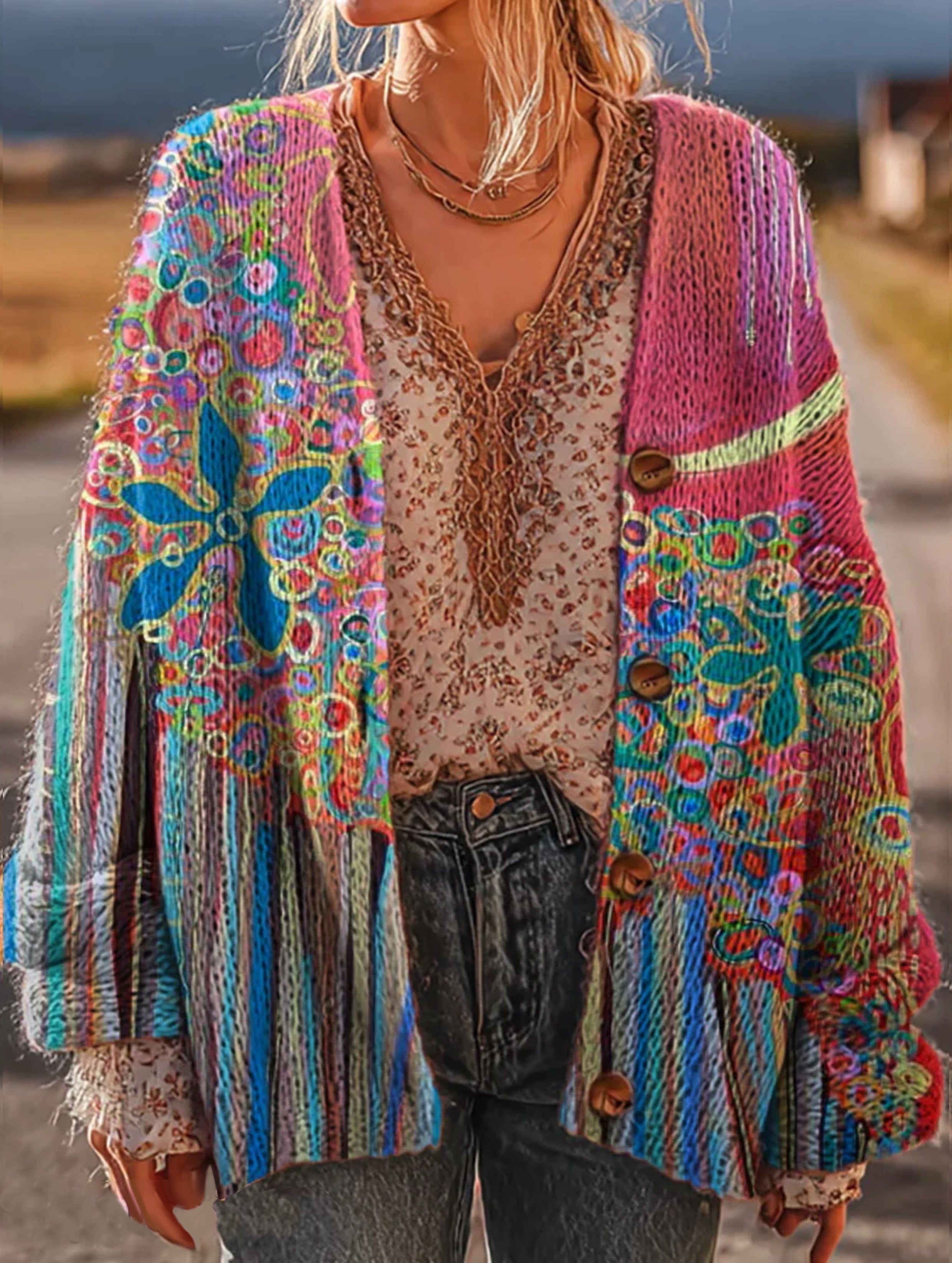 Women's Vintage Floral Pattern Art Print Casual Knit Cardigan