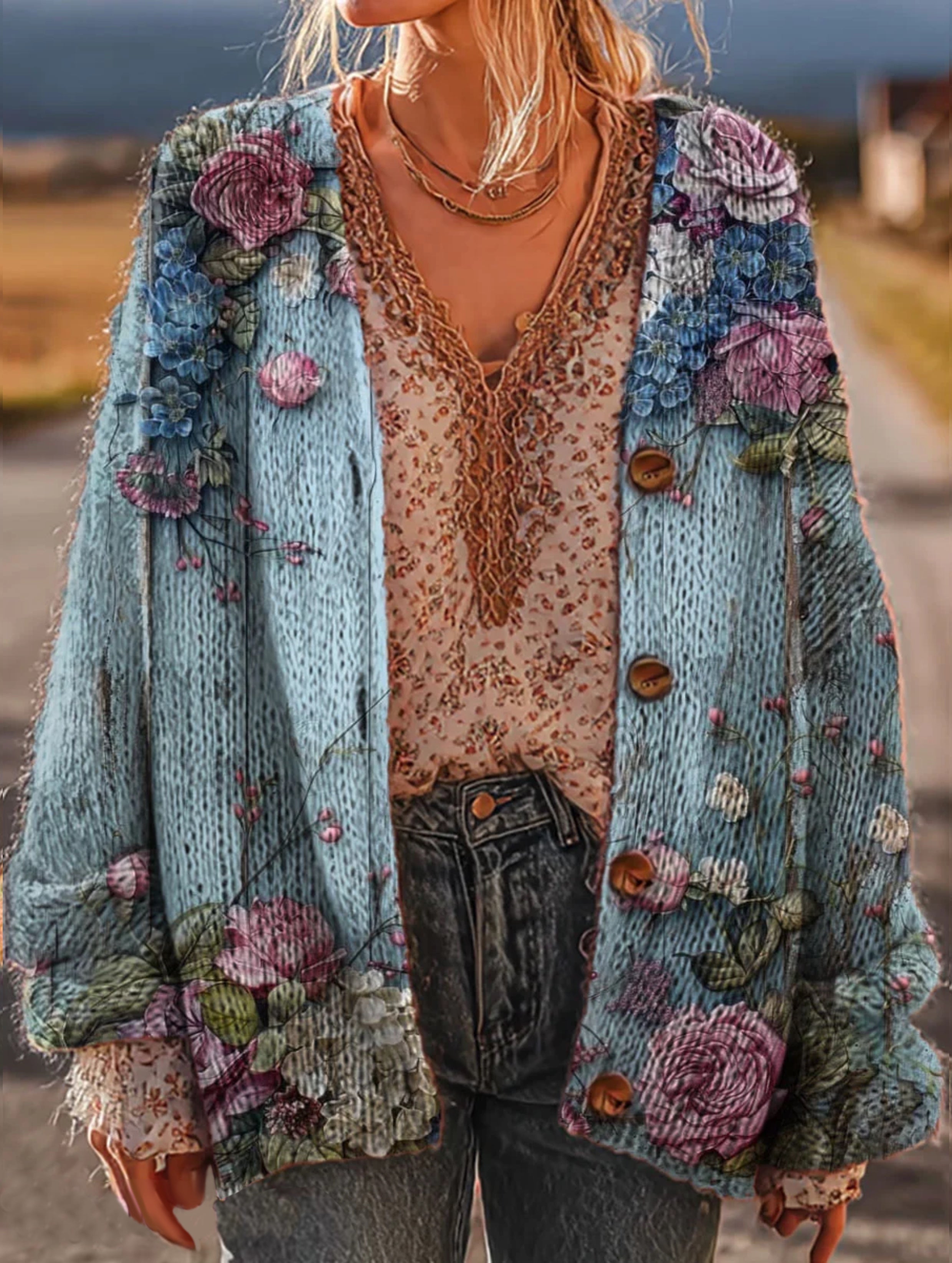 Women's Vintage Floral Pattern Art Print Casual Knit Cardigan