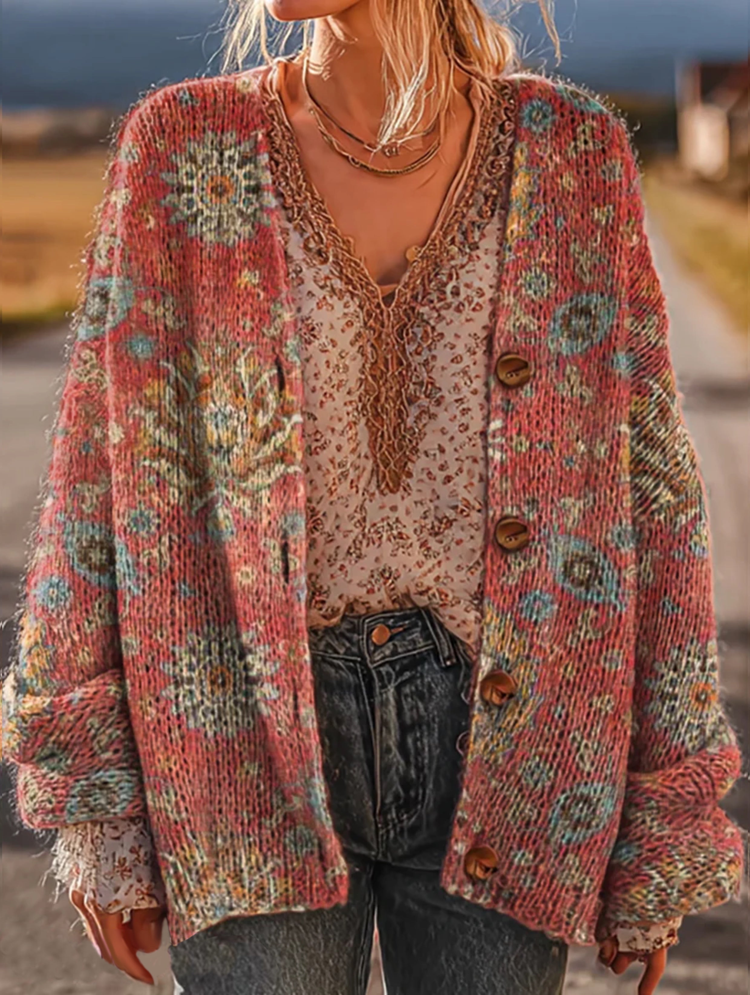 Women's Ethnic Totem Art Pattern Print Casual Knitted Cardigan