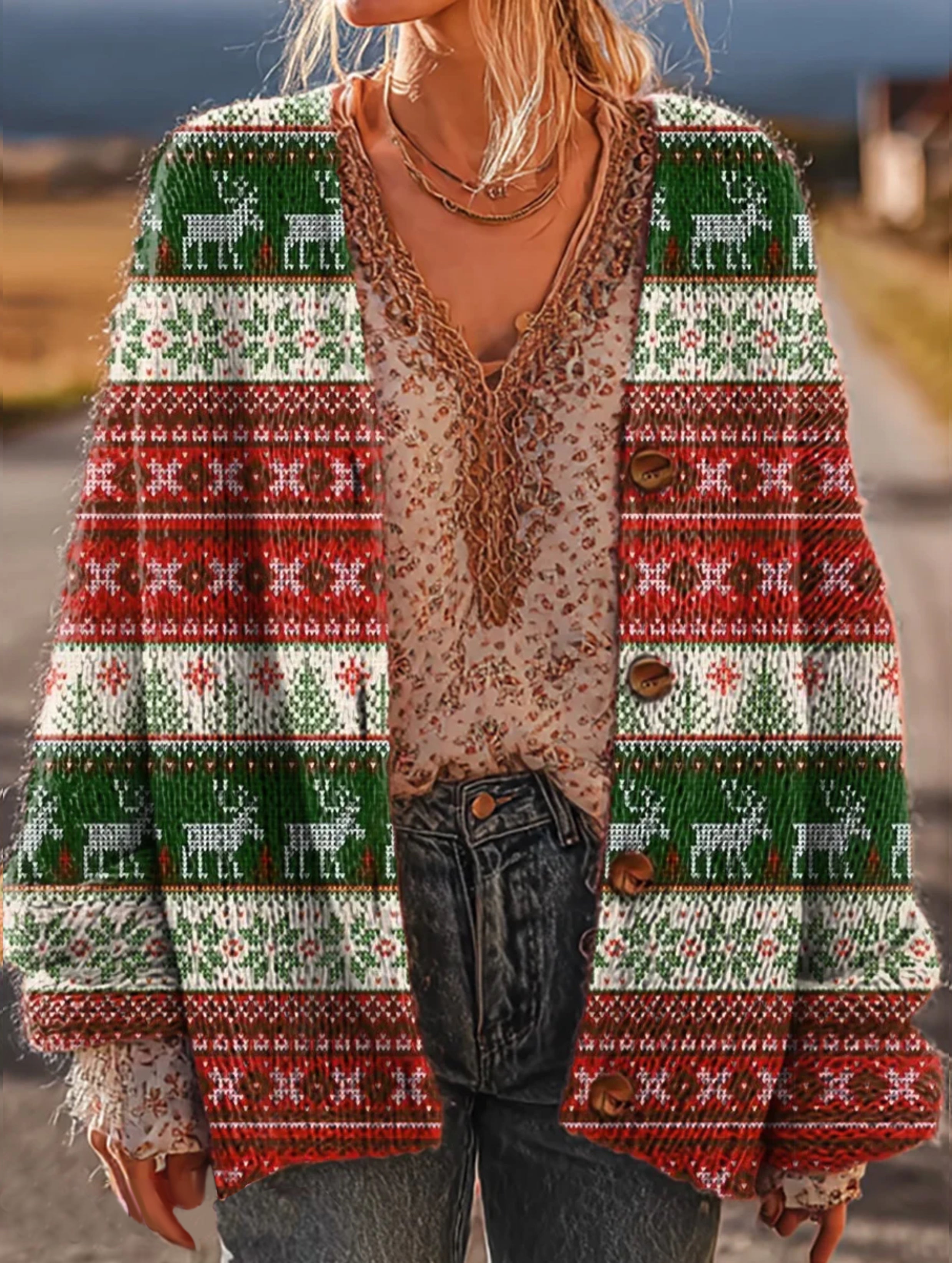 Women's Christmas Reindeer Pattern Art Print Casual Knit Cardigan