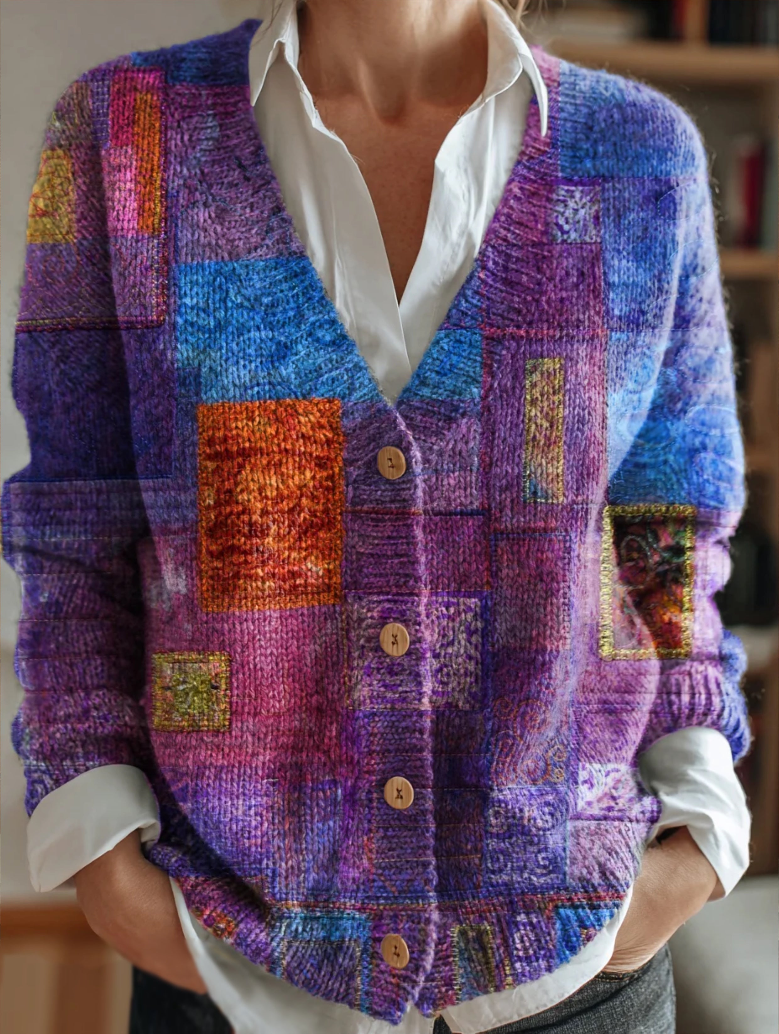 Women's Artistic Print V-Neck Cardigan with Blue and Purple Patchwork Details