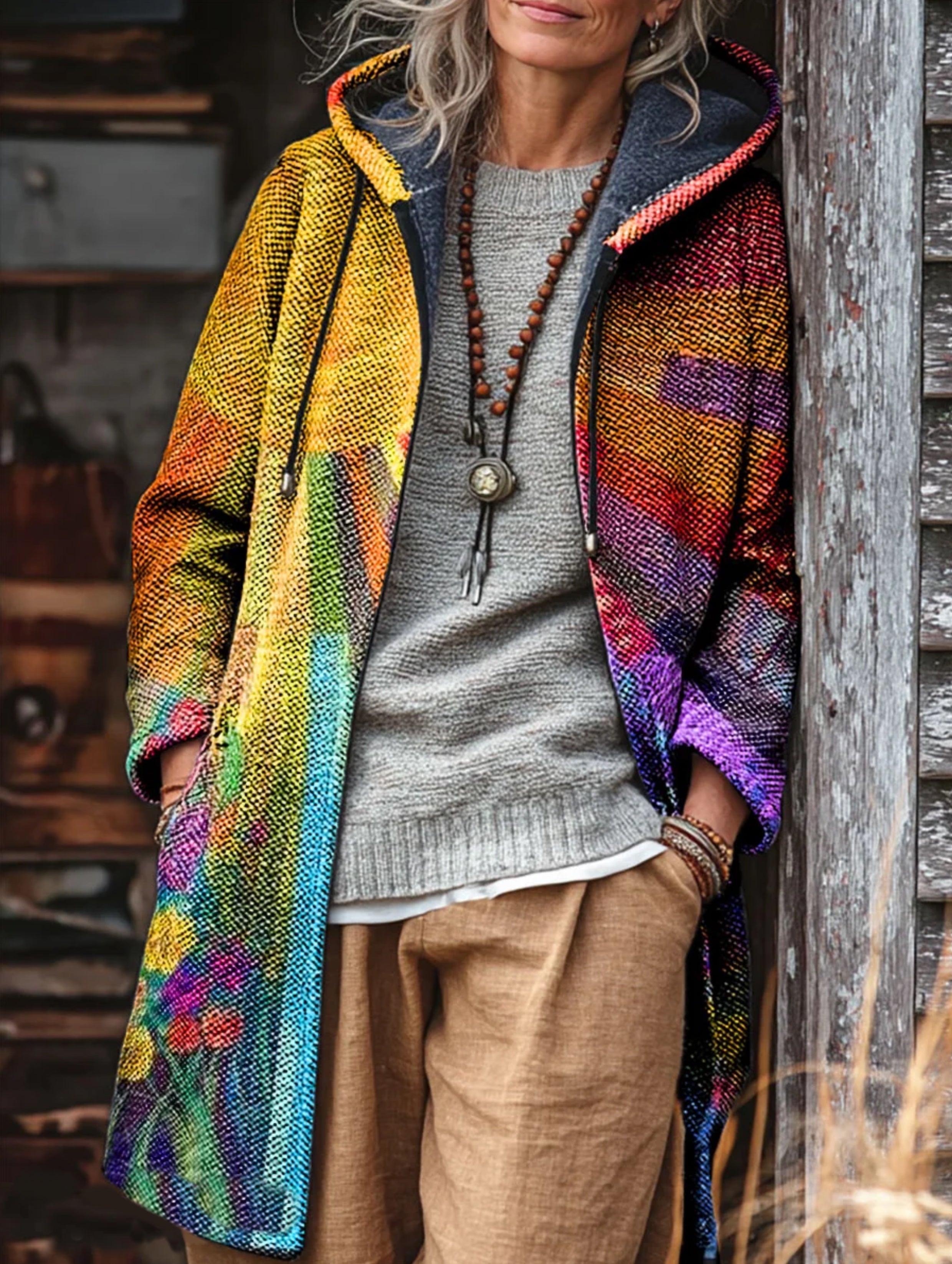 Unisex Bohemian Multi-Color Patchwork Sun Pattern Art Print Fleece-Lined Thickened Long-Sleeve Knit Cardigan Jacket