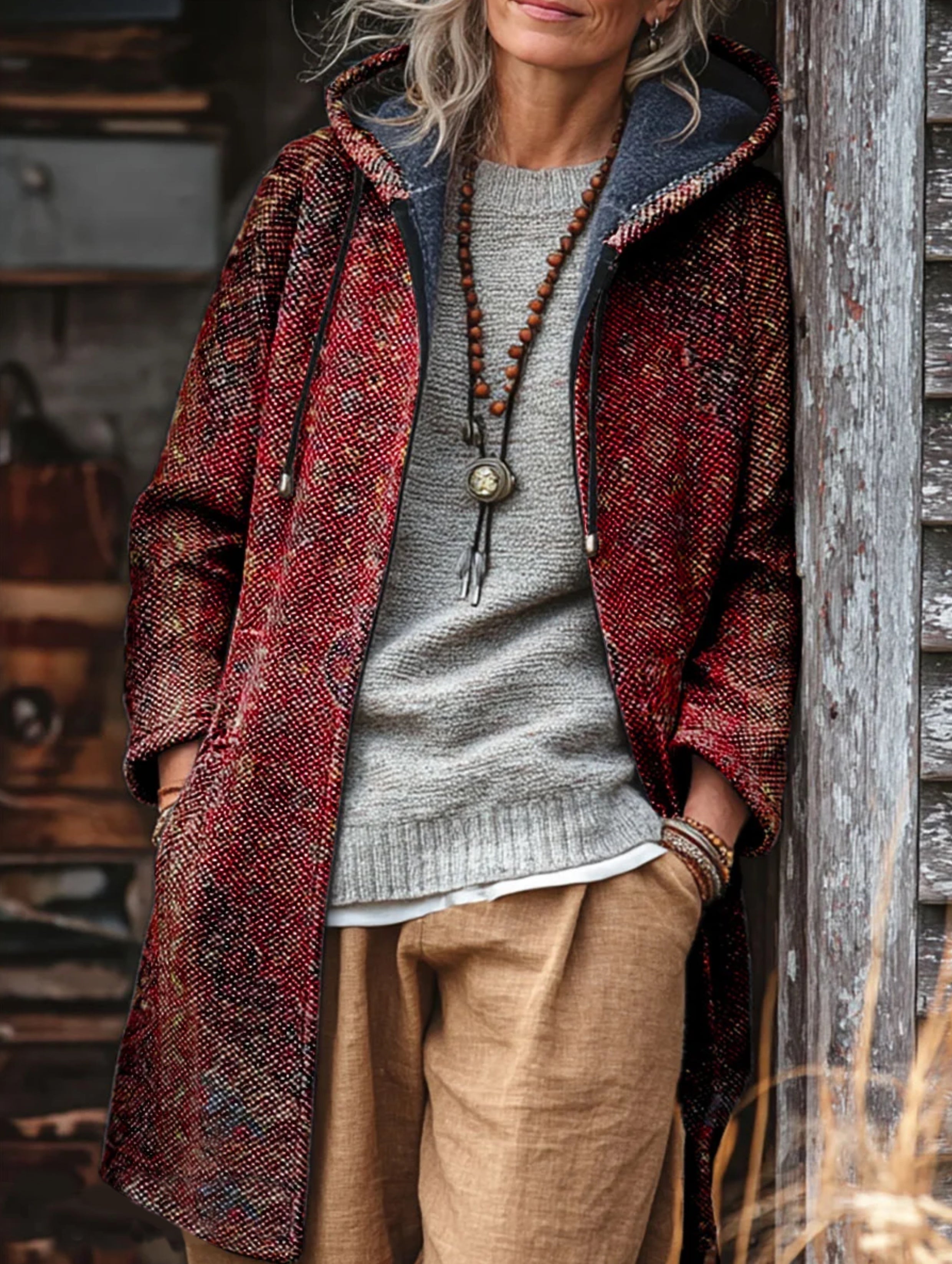 Unisex Vintage Ethnic Pattern Art Print Fleece-Lined Thickened Long-Sleeve Knit Cardigan Jacket