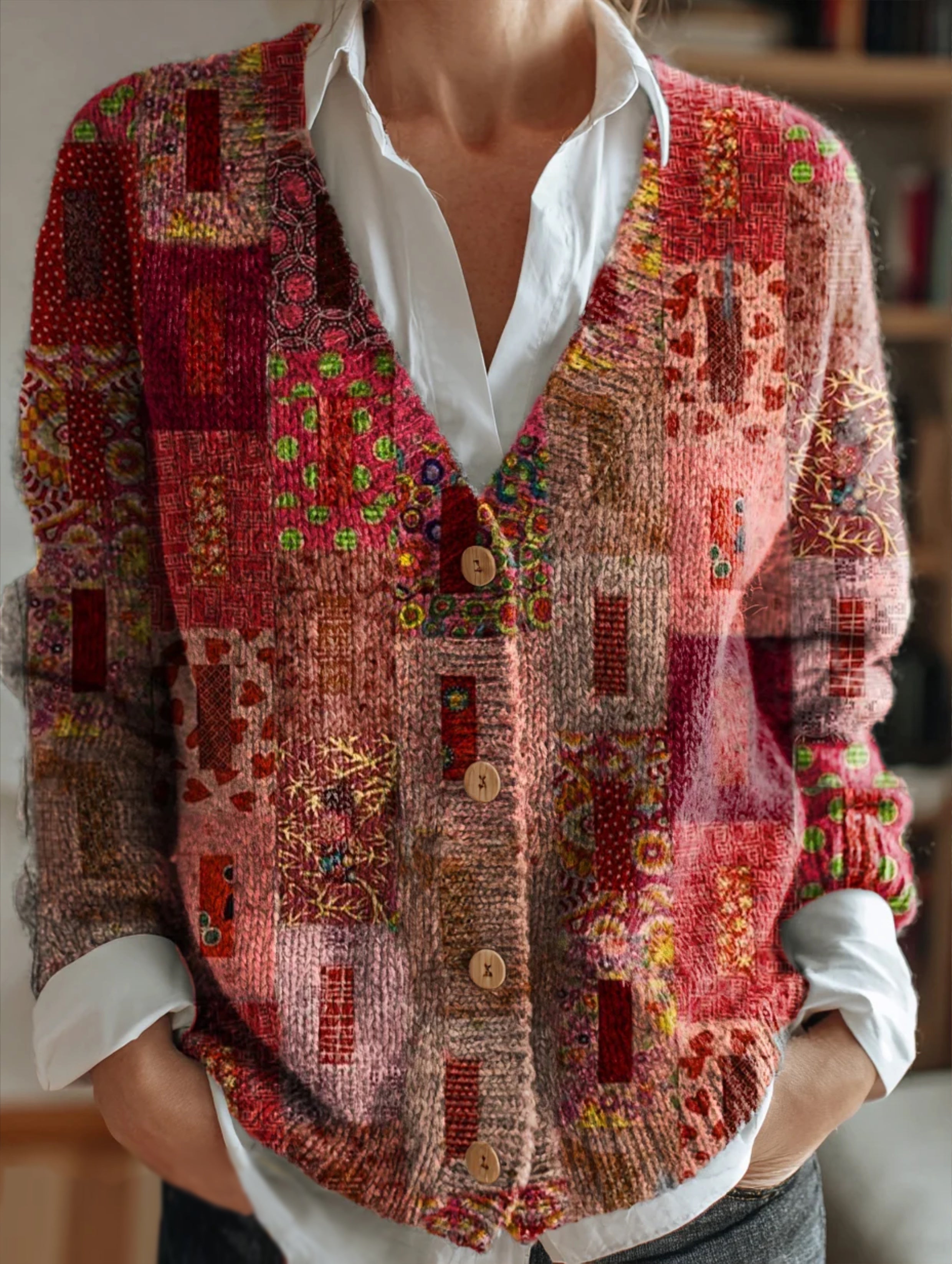 Women's Pink Floral Patchwork Art Print Casual Versatile V-Neck Cardigan