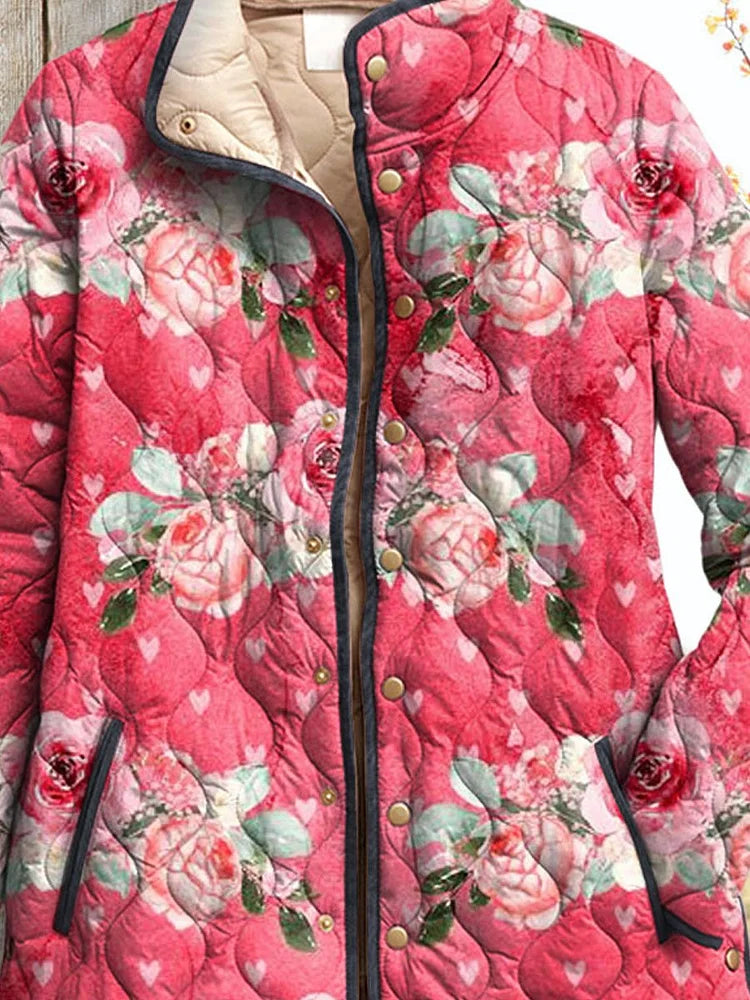 Michelle - Charming Pink Floral Print Quilted Jacket for Women