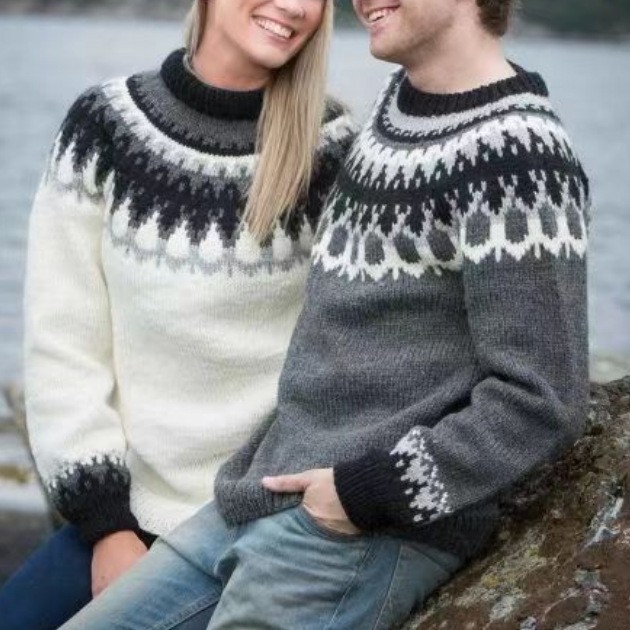 Vintage Icelandic Knit Jacquard Islender Crew Neck Sweater(Unisex)