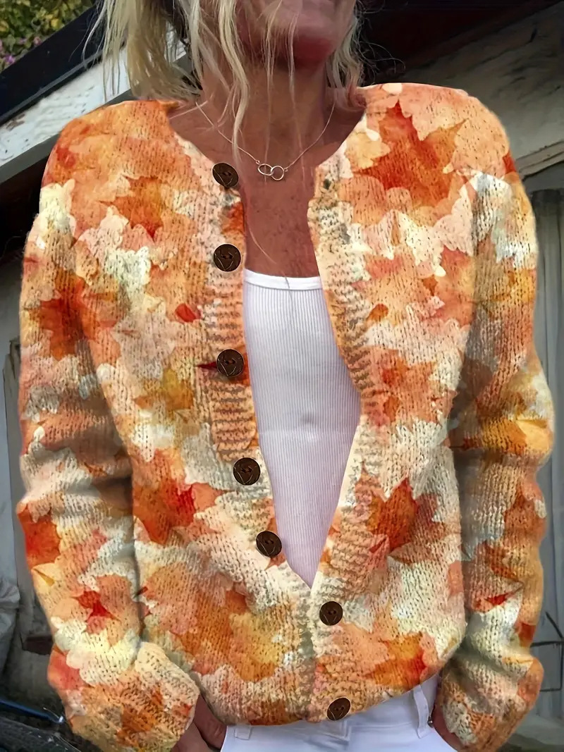 Classy 3d Floral Yoke Jacquard Cozy Knit Cardigan