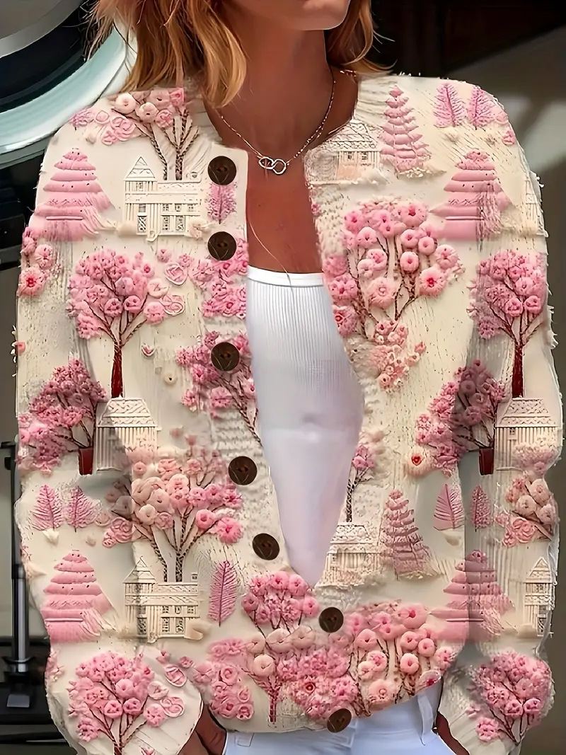 Classy 3d Floral Yoke Jacquard Cozy Knit Cardigan
