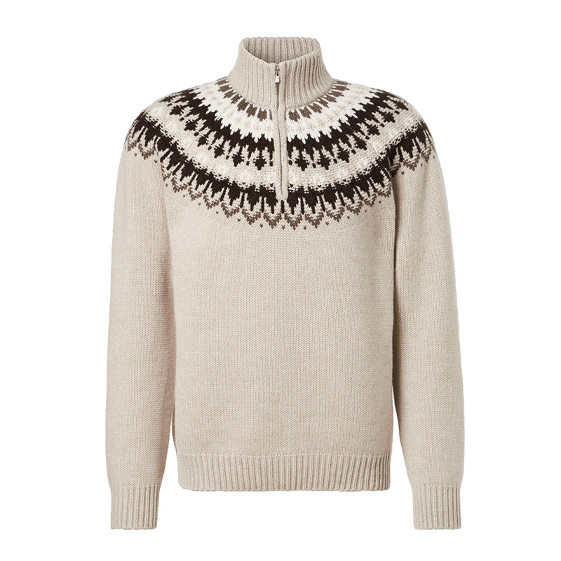 Vintage Warmth Norwool Icelandic Knit Jacquard Half Zip Collar Sweater