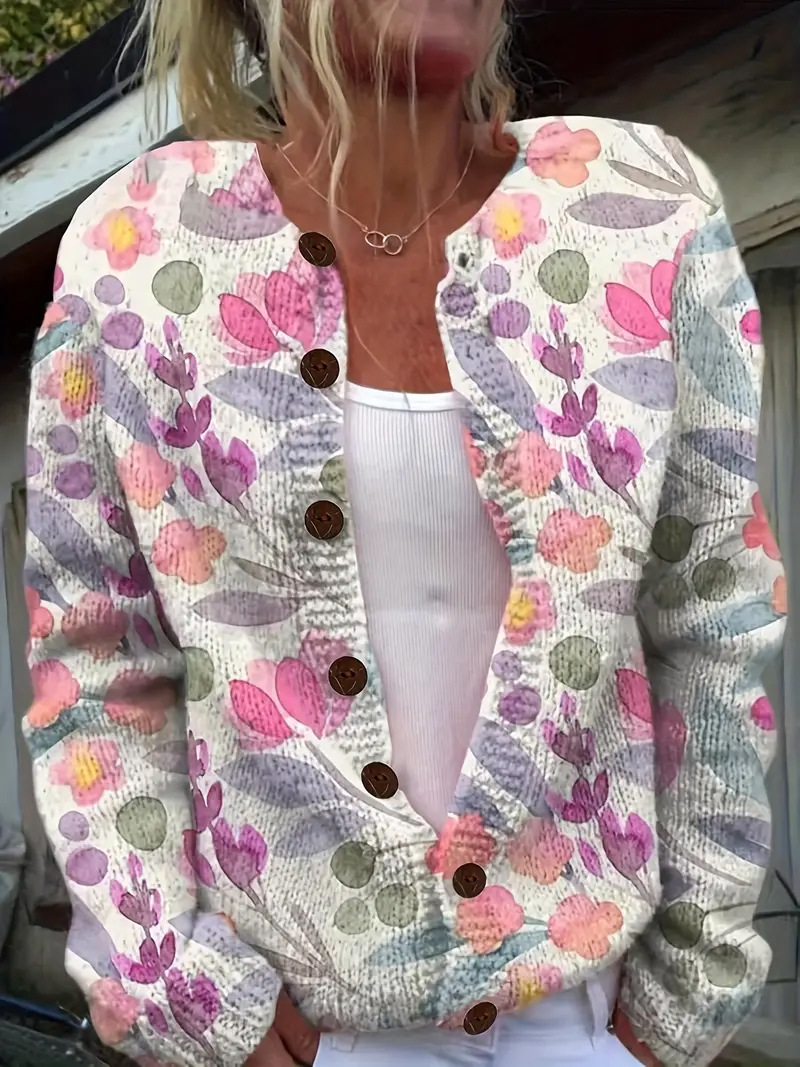 Classy 3d Floral Yoke Jacquard Cozy Knit Cardigan