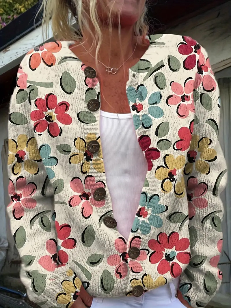 Classy 3d Floral Yoke Jacquard Cozy Knit Cardigan