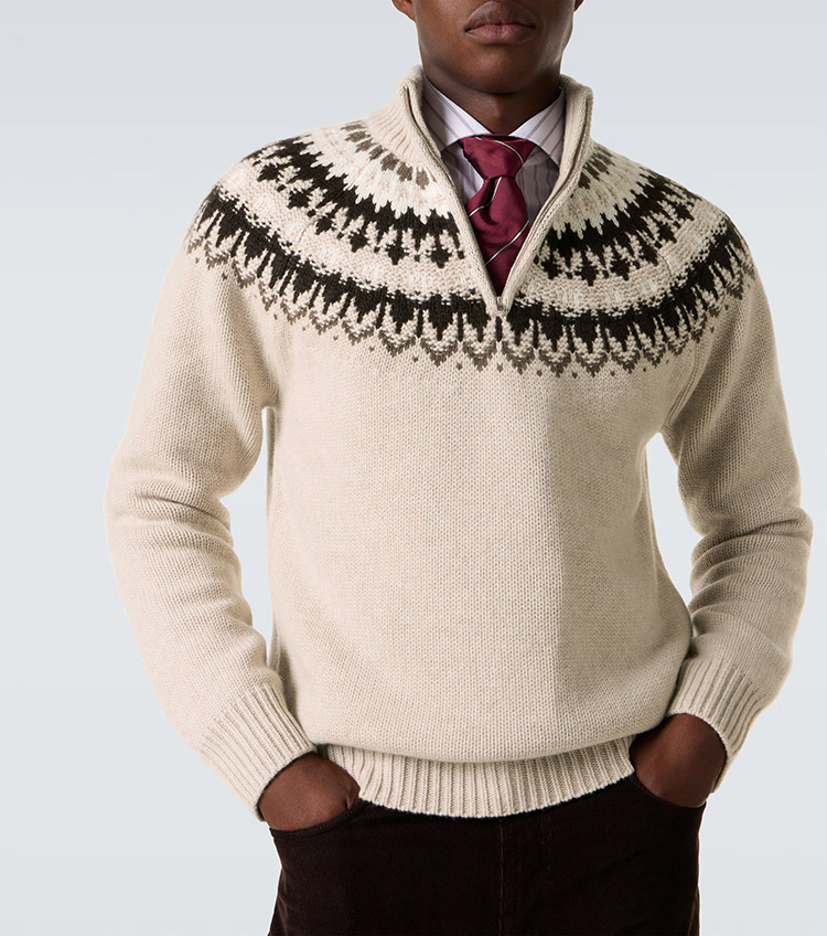 Vintage Warmth Norwool Icelandic Knit Jacquard Half Zip Collar Sweater