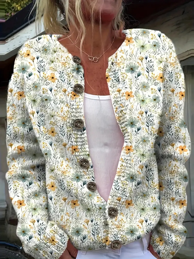 Classy 3d Floral Yoke Jacquard Cozy Knit Cardigan