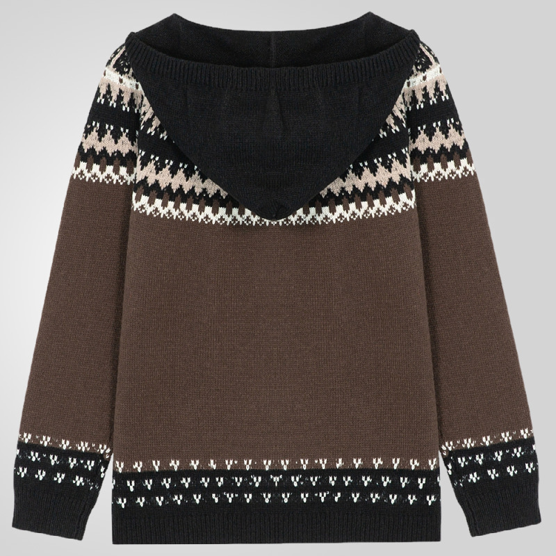 Vintage Patterned Knitted Icelandic Hooded Sweater