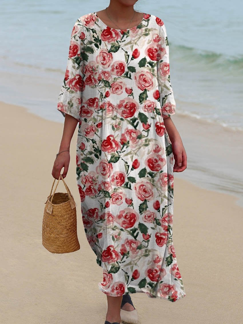 Women's Vintage Floral Art Print Pocket Cotton Dress