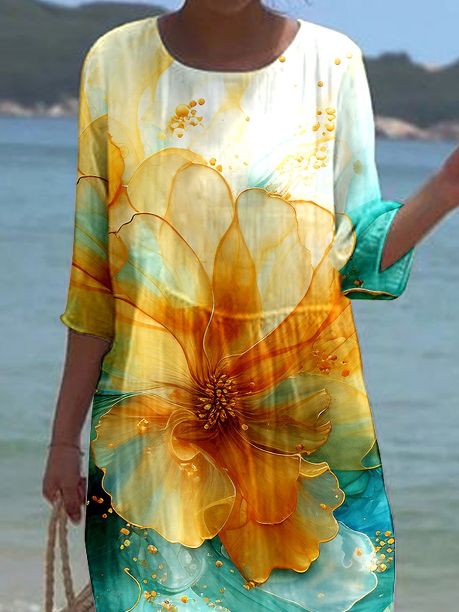 Women's Watercolor Splash Fluid Art Print Flowy Dress