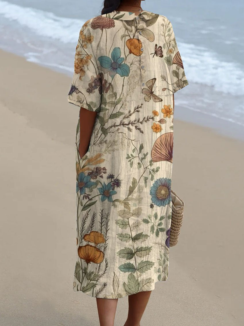 Women's Vintage Lovely Floral Art Print Pocket Linen Dress(Convertible Dress With Front And Back Option)