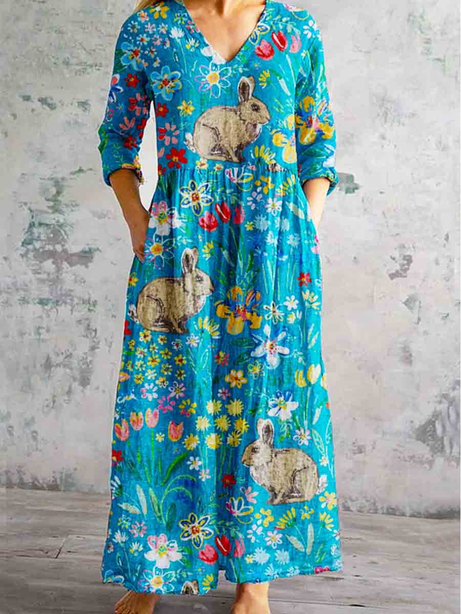 Women's Rabbit Floral Pastoral Pattern V-Neck Dress with Pockets