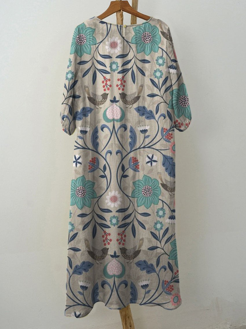 Women's Vintage Birds Floral Print Pocket Cotton Dress