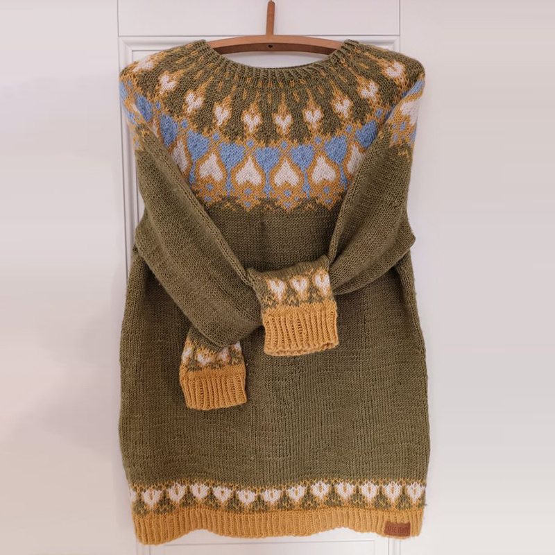 Vintage Love Heart Icelandic Knit Jacquard Warmth Crew Neck Sweater 