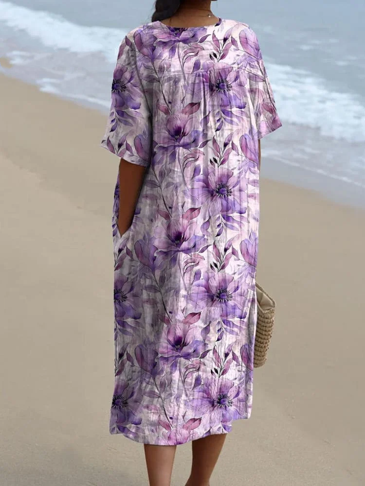 Watercolor Purple Floral Repeat Pattern Printed Women's Flowy Dress