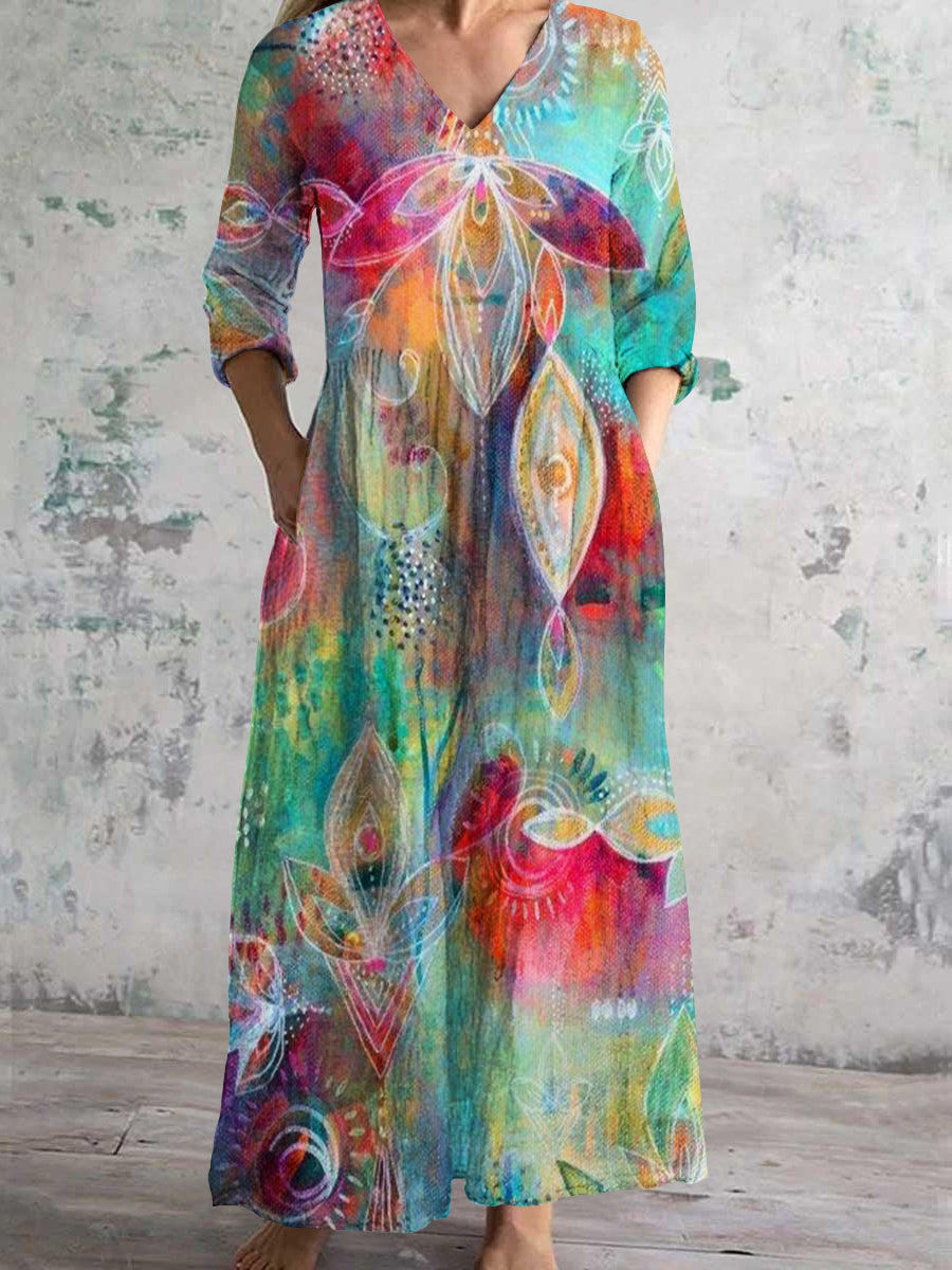 Women's V-Neck Abstract Floral Art Cotton And Linen Pocket Dress