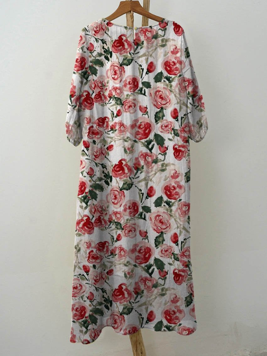 Women's Vintage Floral Art Print Pocket Cotton Dress
