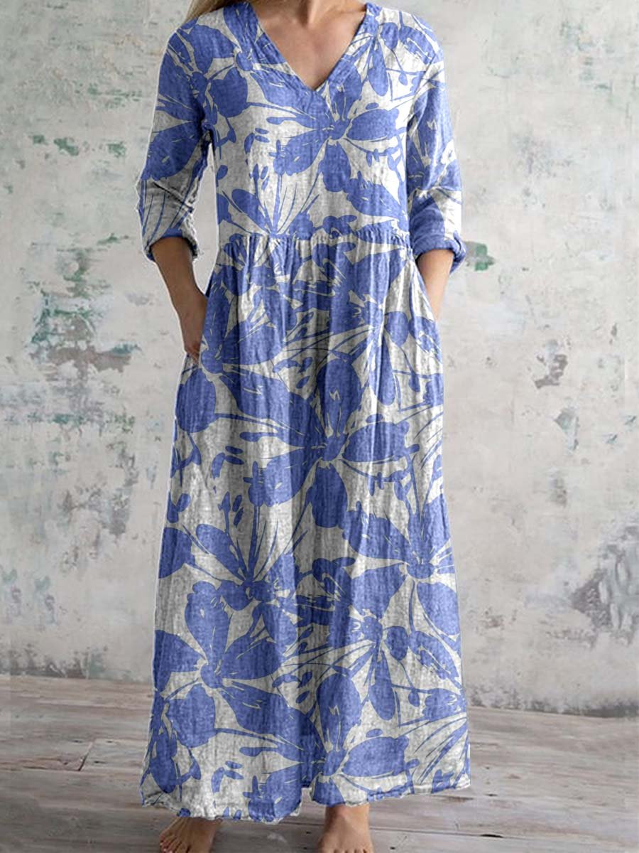Women's V-neck Floral Print Cotton Dress
