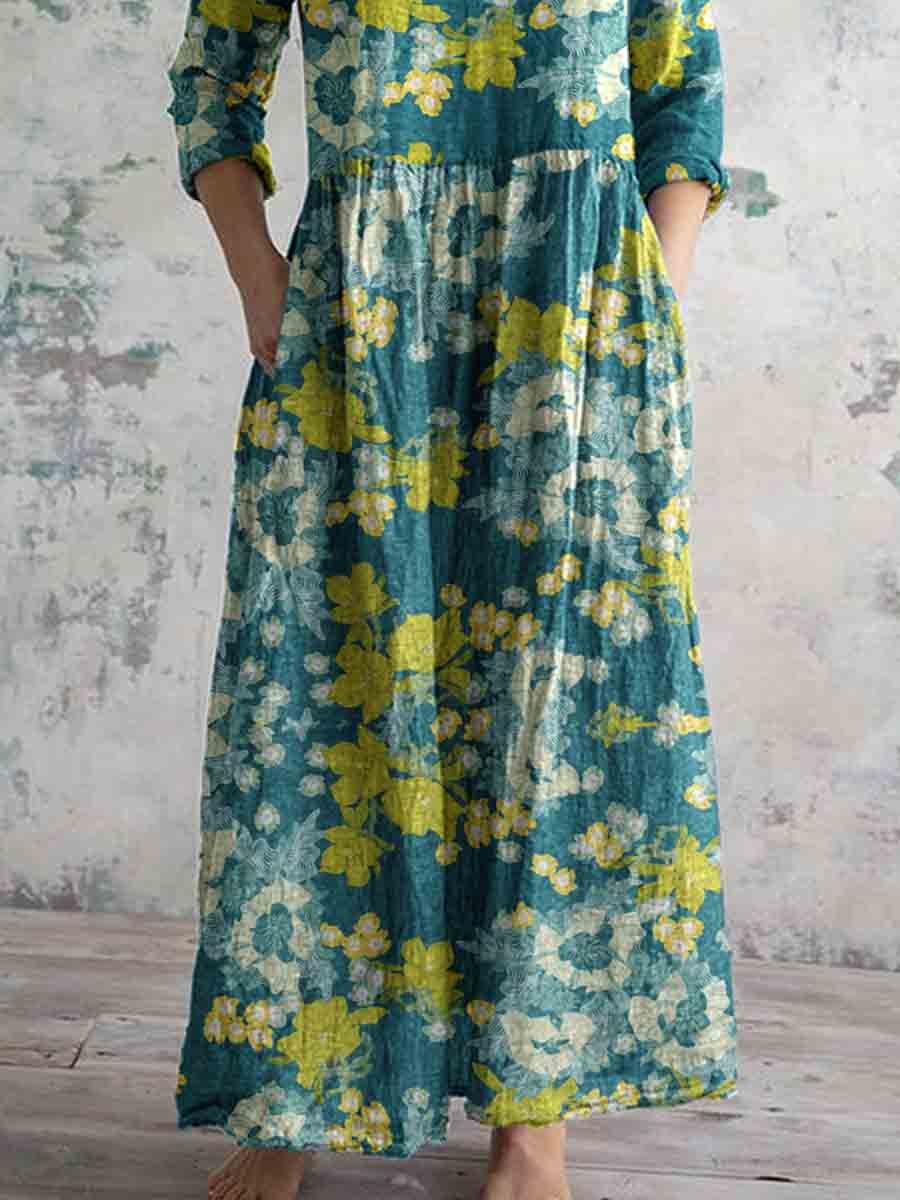 Women's Simple Elegant V Neck Floral Pattern Cotton Fabric Dress with Pockets