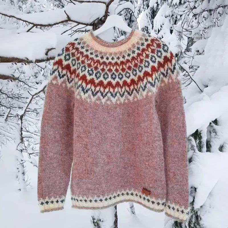 Vintage Icelandic Knit Jacquard Islender Crew Neck Sweater(Unisex)