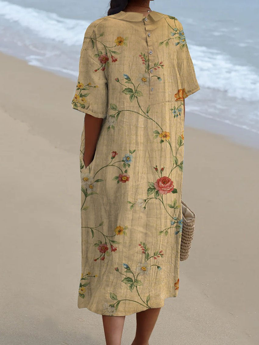 Women's Vintage Lovely Floral Art Print Casual Pocket Linen Dress(Convertible Dress With Front And Back Option)