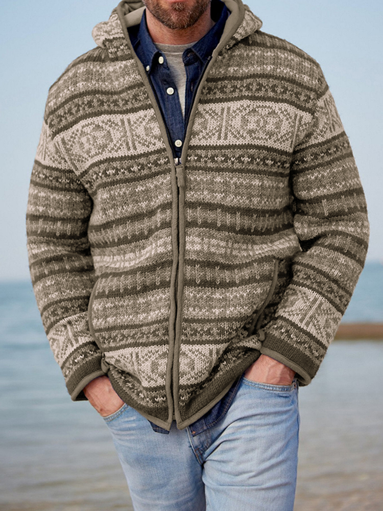 Mens Vintage Fair Isle Knitted Hooded Cardigan