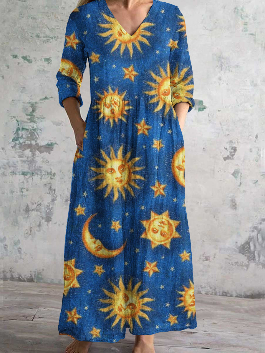 Women's V Neck Spring Summer Moon Painting Art Print Cotton Linen Pocket Dress
