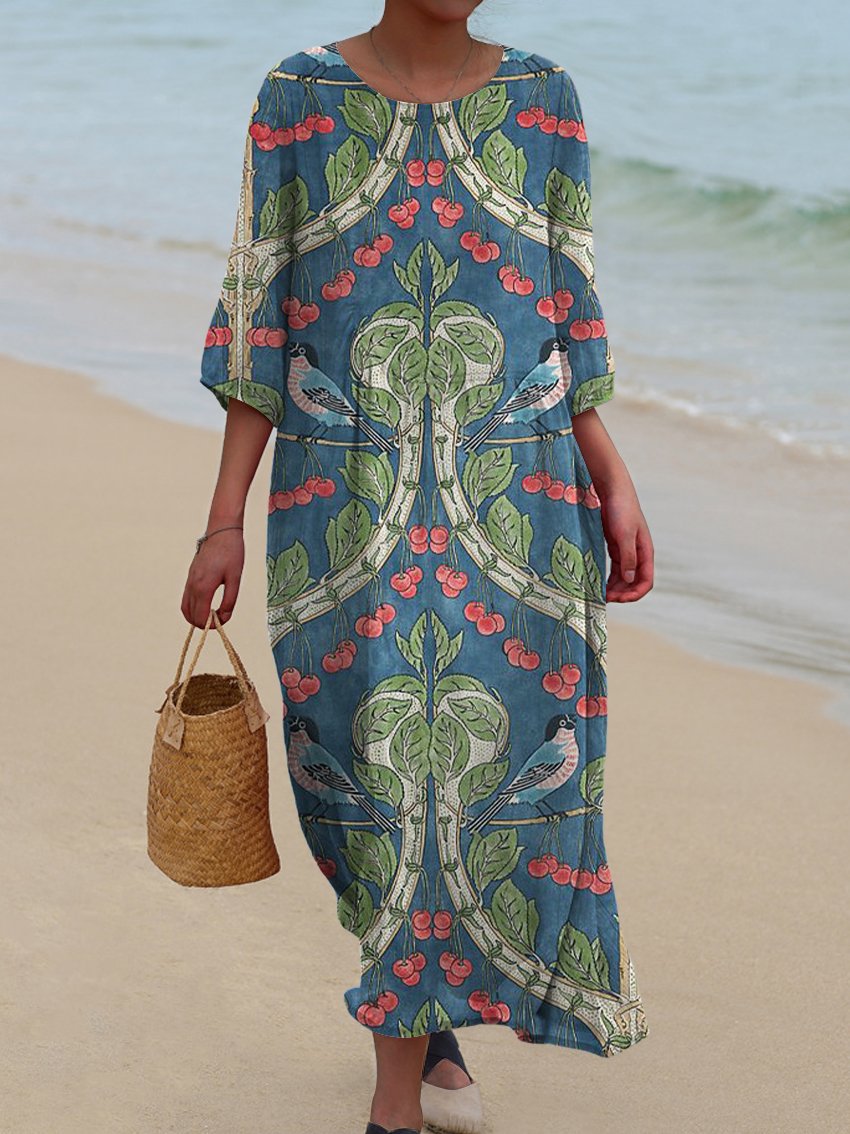 Women's Vintage Symmetrical Bird Cherry Print Pocket Cotton Dress