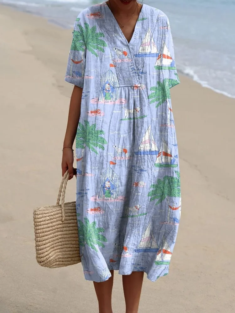 Summer Vacation And Puppy Dog Pattern Printed Women's Flowy Dress