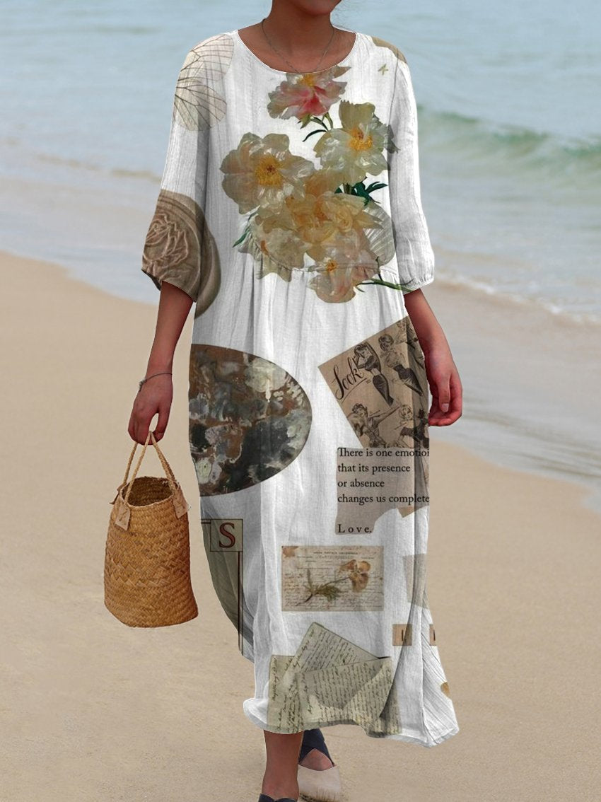 Women's Vintage Collage Floral Print Pocket Cotton Dress