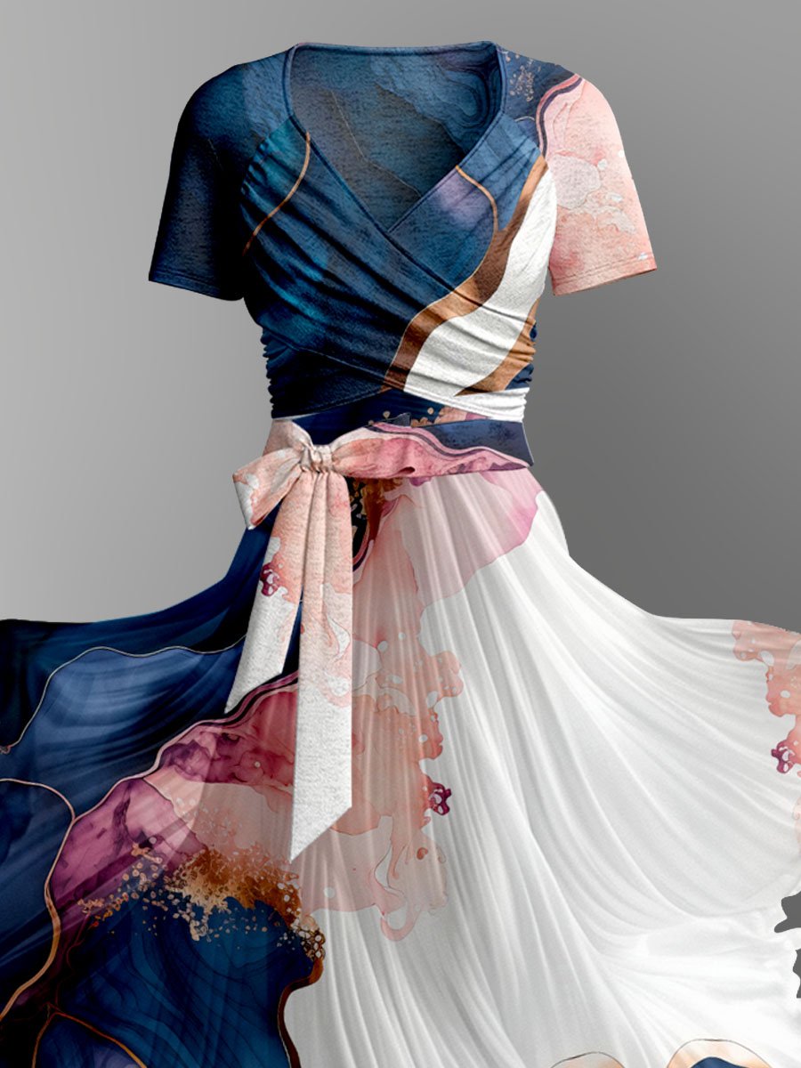 Women's Art Floral Print Camisole Short Sleeve Top Two Piece Dress