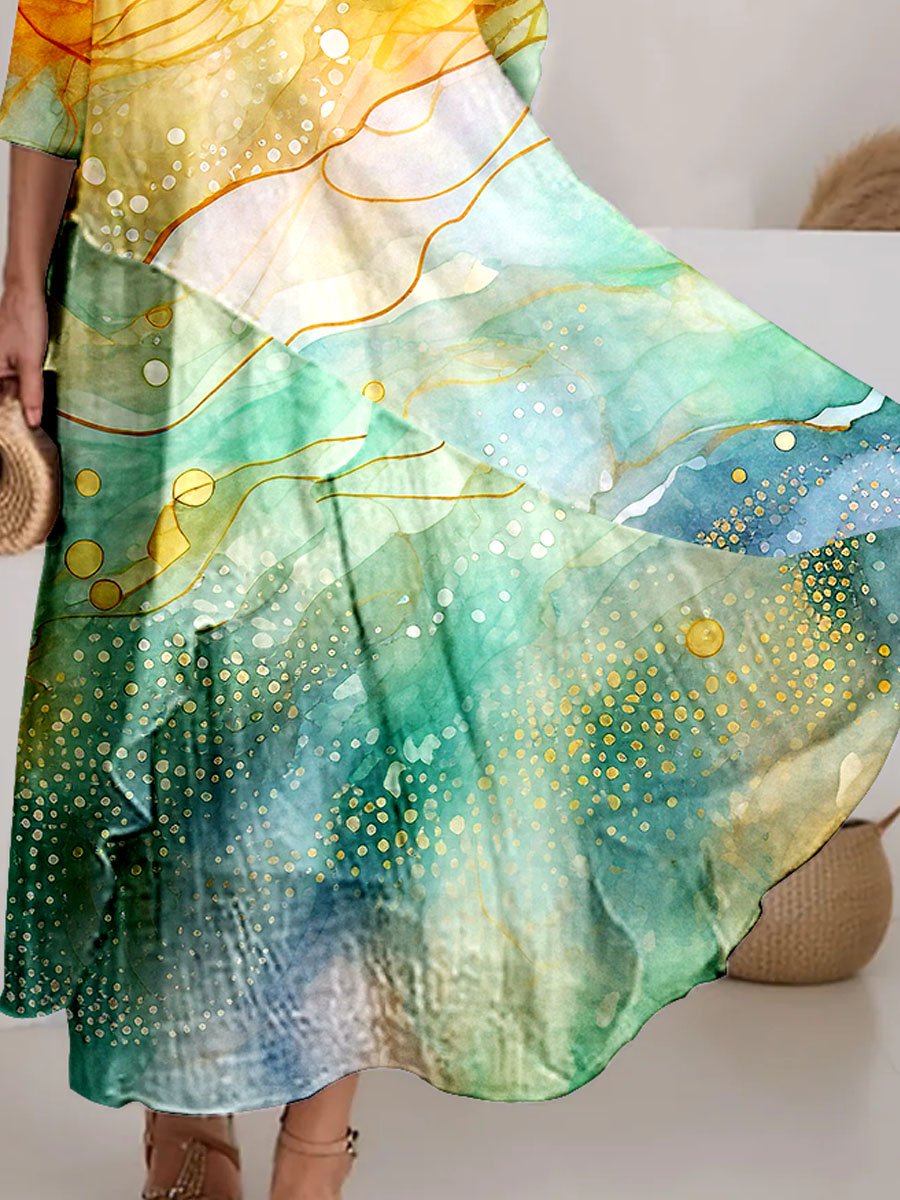 Women's Watercolor Splash Fluid Art Print Flowy Dress
